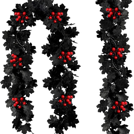 2 Pack Black Maple Leaf Garland Christmas Garland, Black Garland Christmas Red Berry Garland Outdoor Fall Garland Artificial Vine Autumn Garland Hanging Mantle Porch Table Decor