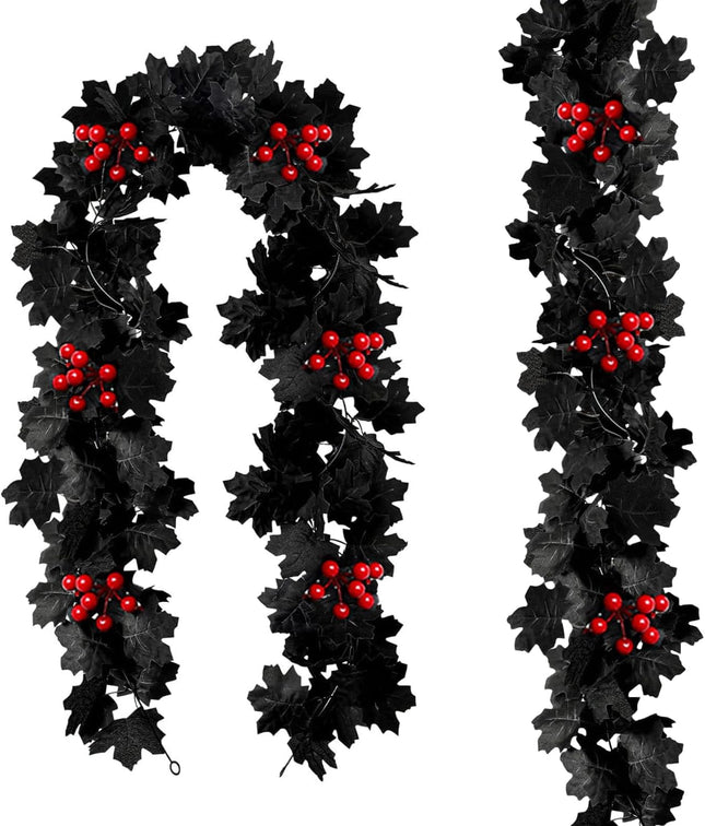 2 Pack Black Maple Leaf Garland Christmas Garland, Black Garland Christmas Red Berry Garland Outdoor Fall Garland Artificial Vine Autumn Garland Hanging Mantle Porch Table Decor