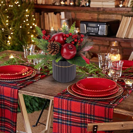 Mini Christmas Tree, Artificial Potted Christmas Tree with Apples Pine Cones Berries Ribbon Tabletop Small Christmas Floral Arrangements in Pot Xmas Centerpieces for Tables Desk Mantle Decor-10.2''