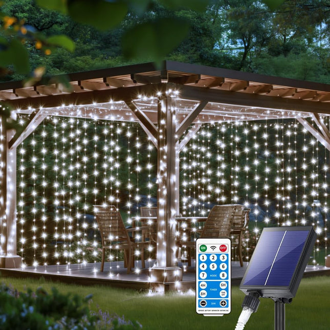 Solar Curtain Lights 1010Ft 300LED Waterproof Waterfall Light with 8 Modes Remote Type C Charging Dimmable Timer Twinkle Fairy String Lights for Outdoor Christmas Gazebo Wedding Party Pergola Patio
