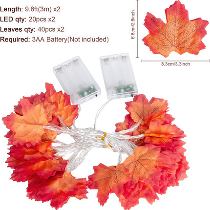 2 Pack Fall Decor Garland for Home, Total 20 Ft 40 LED Maple Leaves Fall Lights Garland with Battery Operated Waterproof Harvest Thanksgiving Halloween Decoration for Indoor Outdoor