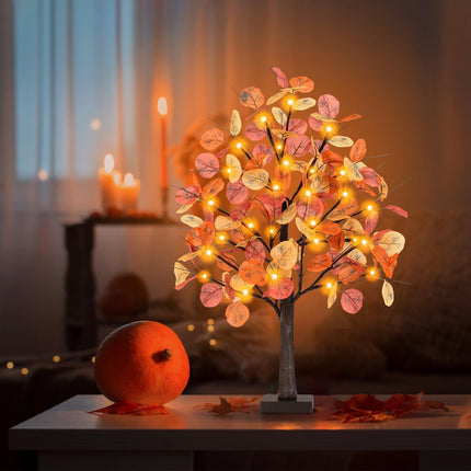 FastDeng 2FT Fall Lighted Eucalyptus Tree, 24 Inch Prelit Tabletop Artificial Tree with 36 LED Lights, 108 Leaves, Timing Battery Operated Fall Tree for Indoor Autumn Harvest Thanksgiving Home Decor