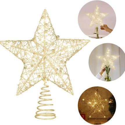 NUOBESTY Christmas Tree Topper Star, Metal Hallow Design Star Tree Topper Glittered Christmas Tree-top Star (Golden)