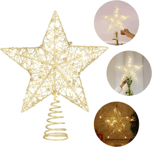NUOBESTY Christmas Tree Topper Star, Metal Hallow Design Star Tree Topper Glittered Christmas Tree-top Star (Golden)