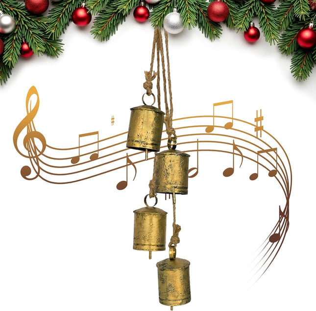 Uspring Christmas Rustic Cow Bells, Vintage Gold Bells, Shabby Chic Bell, Brass Tibetan Bell with Jute Rope, Christmas Decorative Bells Wall Hanging, (Set of 4, 4Inch/PC)