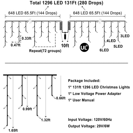 1296 LED Christma Lights With 288 Drops,131FT Outdoor Hanging lights with 8 Modes & Timer, Plug in Curtain String Lights Outdoor Waterproof for Fence Holiday Wedding Party Home Garden Decor Cool White