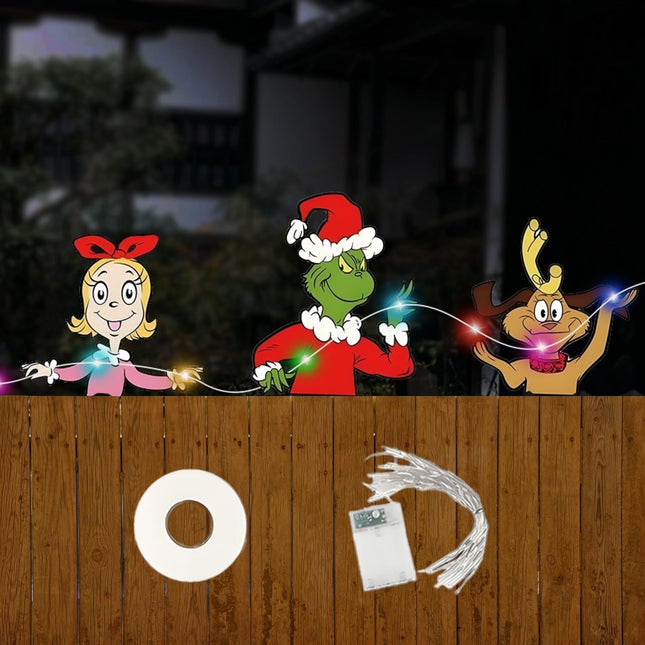 3 Pcs Christmas Fence Peekers with LED String Lights, Christmas Yard Decoration Boards Outdoor Light Up, Battery Operated Christmas Decor for Tree Topper Fence Yard Garden Lawn