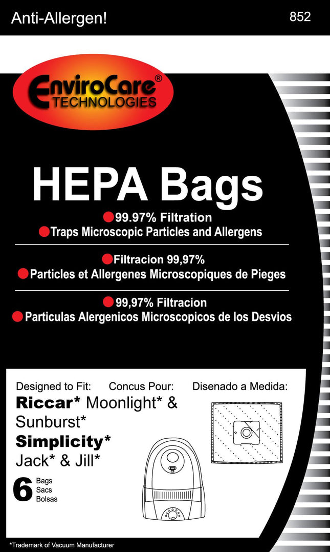 Envirocare Hepa Filtration Vacuum Cleaner Dust Bags Made To Fit Riccar Moonlight And Sunburst. Simplicity Jack And Jill Canisters 6 Pack