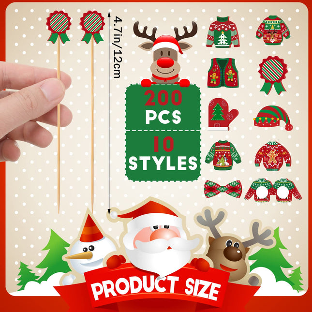 200 Pieces Christmas Cocktail Picks Ugly Sweater Cake Toppers Medals Glasses Gloves Hats Bows Appetizer Toothpicks Christmas Food Picks Skewers for Holiday Drink Fruit Dessert, 4.7 Inches