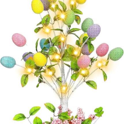 24" Pre Lighted Easter Egg Tree Tabletop Decoration with LED Light Indoor Glow Easter Egg Tree Table Decor for Home Party Wedding Holiday Spring Decoration Easter Party