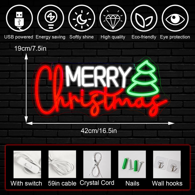 Christmas Neon Led Sign, Merry Christmas Neon Signs for Wall Decor, Christmas Tree Neon Light Sign with USB Powered for Christmas Party, Windows, Home Decor, Bedroom, Living room, Bar