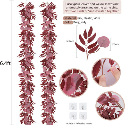 2Pcs Artificial Eucalyptus Garlands with Willow Leaves 6.6 Ft Faux Hanging Eucalyptus Willow Vines Fall Rattan for Thanksgiving Christmas Party Wedding Table Centerpiece Fireplace Decoration(Burgundy)