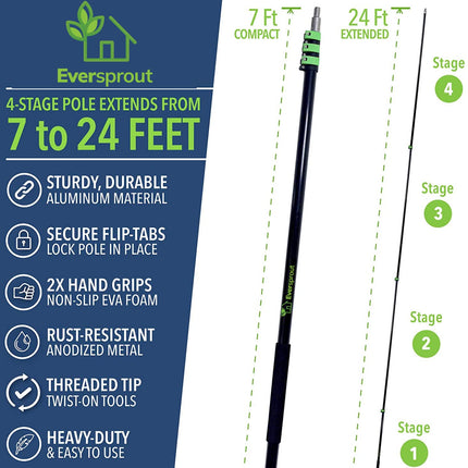 EVERSPROUT 7-to-24 Foot Utility Hook with Extension Pole (30 Foot Reach) Installing and Hanging Christmas/String Lights, Birdfeeders, Reaching High Places Heavy-Duty Telescoping Extension Pole
