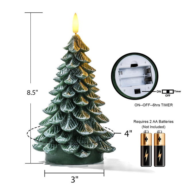 Homemory Christmas Tree Candles with 6 Hours Timer, 2 Pcs Waxy LED Flameless Candles Flickering, Green Electric Candles Battery Operated for Year Celebration Holiday Decorations 8.5 Inches