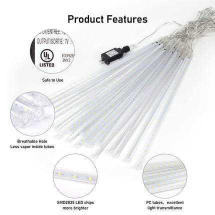 Aluan Christmas Lights Outdoor Meteor Shower Rain Lights, 20 Tubes 720 LEDs 16 Inch Waterproof Plug in Falling Rain String Lights for Halloween Xmas Holiday Party Home Patio Decoration, Warm White