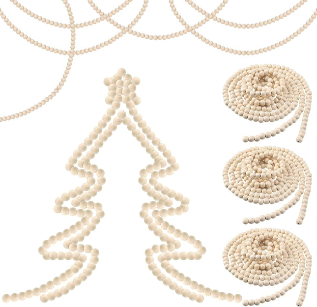 Giegxin 4 Pcs 48 Feet Christmas Wooden Bead Garland for Christmas Tree Boho Christmas Decorations Farmhouse Rustic Beaded Garland Table Wall Decor for Xmas Holiday Supply(Wood Color)