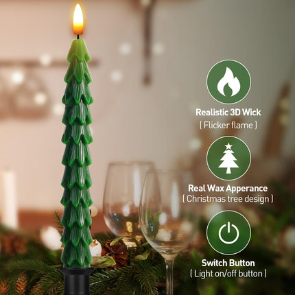 Christmas Tree Candles with Remote, 9.8 Inch Waxy Flameless Taper Candle, 4Pcs LED Battery Operated Window Candlesticks with Holder, 3D Flame Flickering Light with Timer for Christmas Decorations