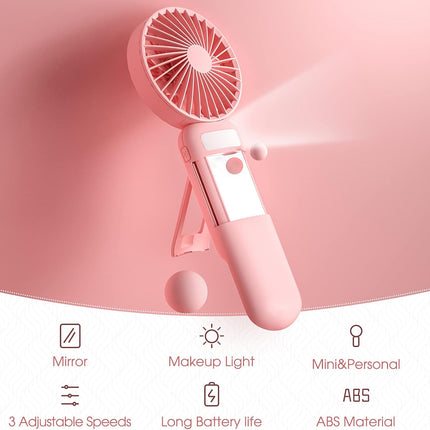 Mini Handheld Fan, Portable Fan Battery Operated, Small Personal Fan Usb Rechargeable, 3 Speed Adjustable Hand Fan With Mirror