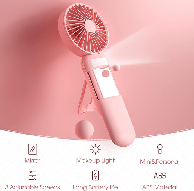 Mini Handheld Fan, Portable Fan Battery Operated, Small Personal Fan Usb Rechargeable, 3 Speed Adjustable Hand Fan With Mirror