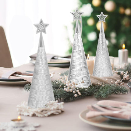 Silver Glass Christmas Trees Set of 3, 17" 15" 13" Small Tabletop Christmas Tree Handmade Disco Decor for Xmas Table Party Decoration