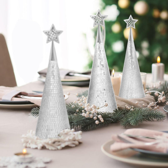 Silver Glass Trees Set of 6, 17" 15" 13" Small Tabletop Christmas Tree Handmade Disco Decor for Xmas Table Party Centerpiece Decoration