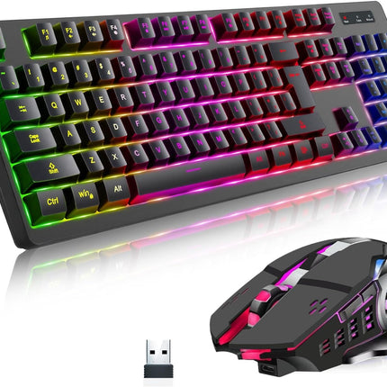 Wireless RGB Gaming Keyboard and Mouse - Rechargeable RGB Backlit Keyboard Mouse Long Battery Life,Mechanical Feel Gaming Keyboard with 7 Color Wireless Gaming Mouse for PC Game and Work
