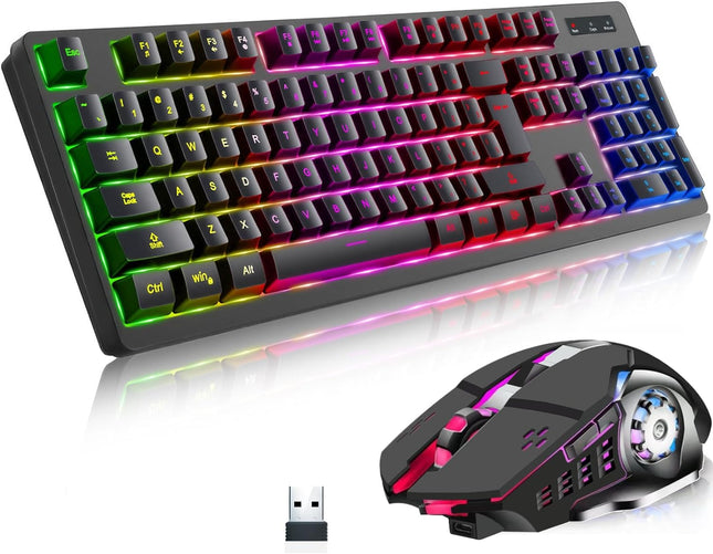 Wireless RGB Gaming Keyboard and Mouse - Rechargeable RGB Backlit Keyboard Mouse Long Battery Life,Mechanical Feel Gaming Keyboard with 7 Color Wireless Gaming Mouse for PC Game and Work