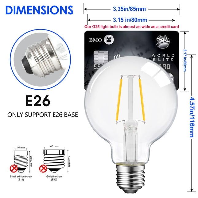 Dimmable LED Edison Light Bulb, G25 (G80) Globe Bulb, 60W Equivalent, 3000K Warm White, Christmas Light, E26 Standard Base, UL Listed, 6-Pack
