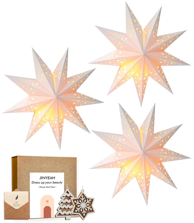 Paper Star Lantern 3PCS Christmas Paper Stars Lampshade 13.78 inch Hanging 3D Christmas Paper Star Pentagram Lampshade 9 Points Paper Star Lantern Foldable for Xmas Wedding decoración navideña
