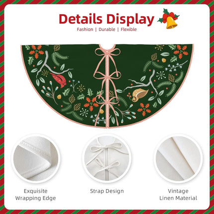 Woodland Wreath Holly Green Christmas Tree Skirt, Linen Xmas Tree Skirts Mat for Holiday Party Decorations Supplies Rustic Mini Tree Skirt - 36 Inches