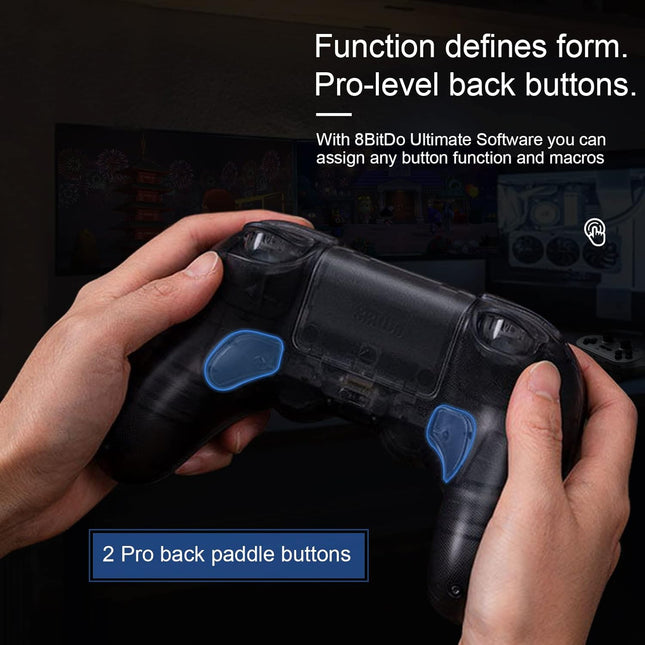 AKNES 8BitDo Pro 2 Bluetooth Wireless Controller for Switch/Switch OLED with 2pcs Silicone Joycon Thumb Grip Caps,Gamepads for Steam Deck,MacOS,iOS,PC,Android & Raspberry Pi(Clear/Transparent Black)