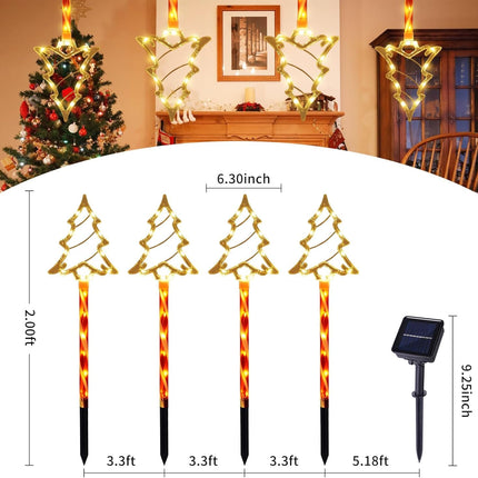 Solar Christmas Pathway Lights, Solar Tree Lights with Candy Cane Christmas Decorations Outdoor, Waterproof Solar Garden Stake Lights for Patio, Yard, Garden, Lawn Christmas Holiday Decor, 4 Pack
