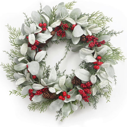 19'' Christmas Wreaths for Front Door, Aesthete Lambs Ear Wreath with Red Berries Pinecone Decor for Indoor Outdoor Christmas Year