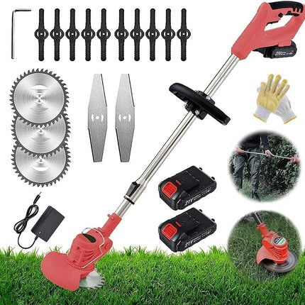 21V Cordless String Trimmer Grass Trimmer Garden Edger Tool for Lawn Trimming, Lawn Care, with 2 Li-ion Battery and Charger,red