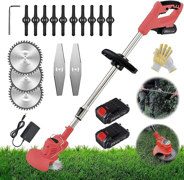 21V Cordless String Trimmer Grass Trimmer Garden Edger Tool for Lawn Trimming, Lawn Care, with 2 Li-ion Battery and Charger,red