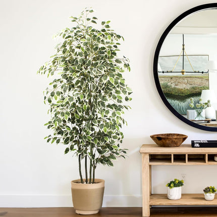 6 FT Artificial Ficus Tree 600 Leaves Faux Plants Indoor Tall with Black Pot Large Fake Tree for Home Office Living Room Decor