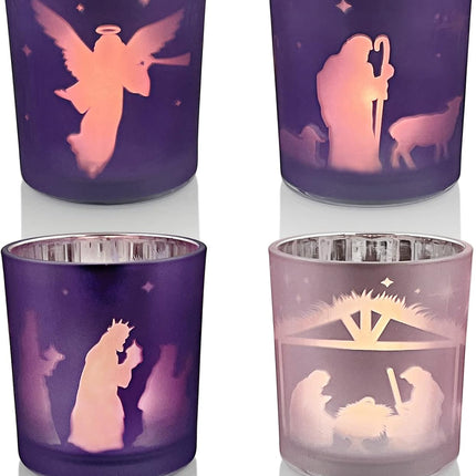 Advent Candle Holder Set of 4, Christmas Votive Candle Holders, Glass Tealight Holders for Xmas Table Centerpieces Nativity Decorations, Purple & Pink