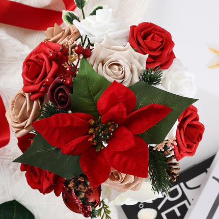 Christmas Flowers Artificial Flowers,Red Poinsettias White Rose and Greenery Deluxe Combo Set for DIY Tree Ornaments Xmas Wreath Floral Arrangements Centerpieces