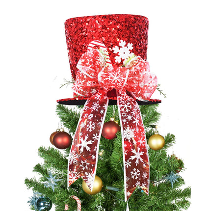 Christmas Tree Topper Hat, Red Candy Cane Bow Christmas Tree Top Toppers with 6.5ft Ribbon Light, Shiny Xmas Santa Tree Toppers Christmas Decorations for Holiday Decor