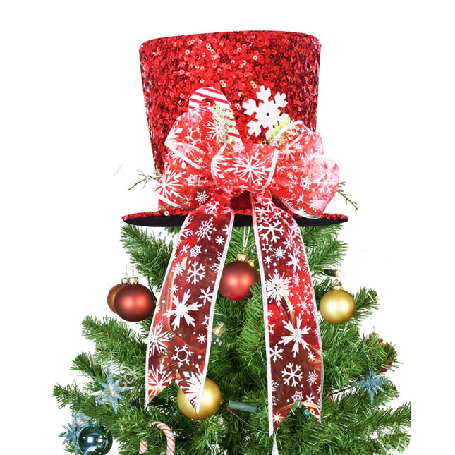 Christmas Tree Topper Hat, Red Candy Cane Bow Christmas Tree Top Toppers with 6.5ft Ribbon Light, Shiny Xmas Santa Tree Toppers Christmas Decorations for Holiday Decor