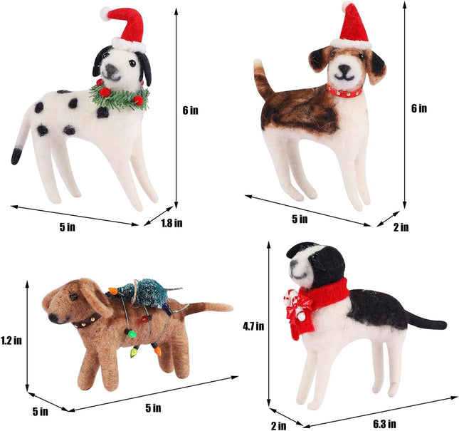 Juegoal Christmas Felt Dogs Ornaments Set of 4, Xmas Wool Puppy Hanging Decor, Felt Animal Crafts Woodland Cute Christmas Tree Wreath Decor for Home Party Supplies