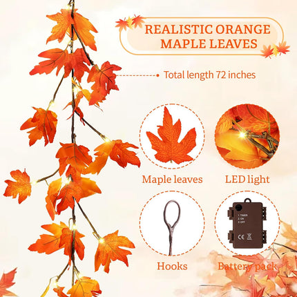 Thanksgiving Decorations Fall Garland with Lights 6 Ft Fall Maple Leaf Garland with 36 Fairy Lights for Indoor Outdoor Autumn Harvest Halloween Fall Decor Home Wedding Fireplace Party Christmas