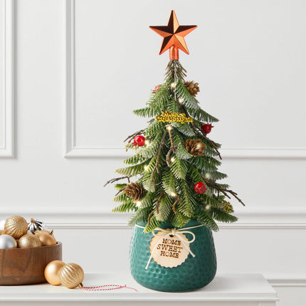 Mini Tabletop Christmas Tree, 14 Inch Artificial Small Xmas Tree with Red Berry, Pine Cone, Fake Greenery for Table Top Office Desk Classroom Room Holiday Christmas Decor(Red Star)