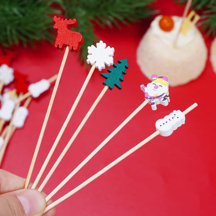 100pcs Christmas Cocktail Picks Appetizer Decorative Toothpicks Santa Claus Wooden Fruits Pick Snowflake Snowman Christmas Tree Elk Bamboo Sticks for Drink Cake Topper Dessert Xmas Party Food Decor