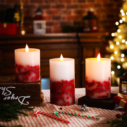 3 Pcs Christmas Flameless LED Candles Rowan Berries Embedded Real Wax Unscented Flicker Wick Pillar Candle Battery Operated Warm Light for Home Party Xmas Decoration