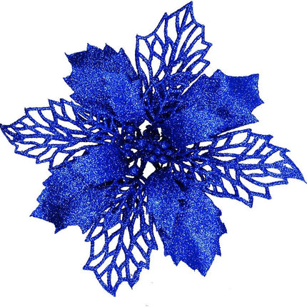 24 Pcs Christmas Blue Glittered Mesh Holly Leaf Artificial Poinsettia Flowers Picks Tree Ornaments 5.9" W for Blue Christmas Tree Wreath Garland Floral Winter Wedding Holiday Decoration