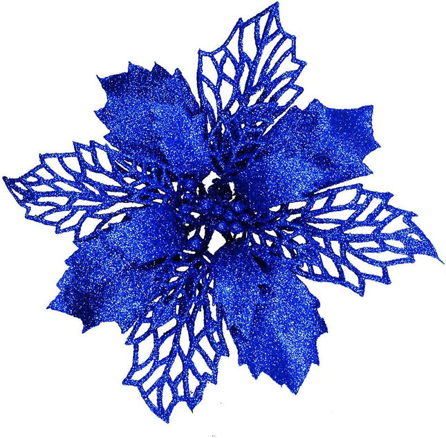 24 Pcs Christmas Blue Glittered Mesh Holly Leaf Artificial Poinsettia Flowers Picks Tree Ornaments 5.9" W for Blue Christmas Tree Wreath Garland Floral Winter Wedding Holiday Decoration
