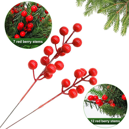 60 Pcs Christmas Artificial Pine Branches with Red Berry Stems Fake Greenery Pine Picks Artificial Red Berry Stems Artificial Pine Needles Branches for DIY Christmas Garland Wreath Xmas Decoration