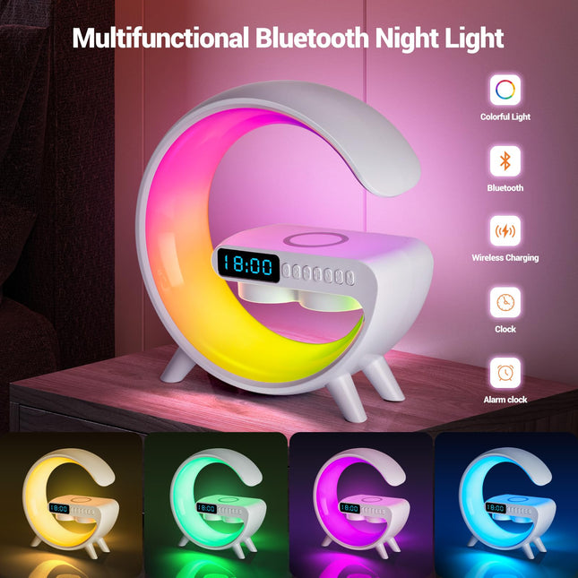 Wireless Charging Atmosphere Table Lamp with Bluetooth Speaker Alarm Clock Night Light 15W Wireless Charger Speaker for Bedside Lamp Desk Clock Sound Machine Ambient Lighting for Christmas