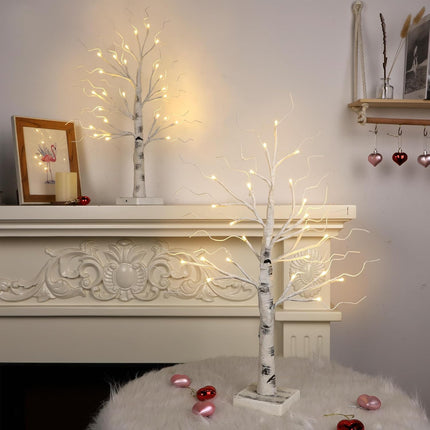 22 Inch Lighted Birch Tree, Pre-Lit White Birch Twig Tree Lights, Battery Operated Tabletop Tree Lights, Mini Artificial Trees with Lights for Centerpiece Mantel Home Decor, 2 Pack